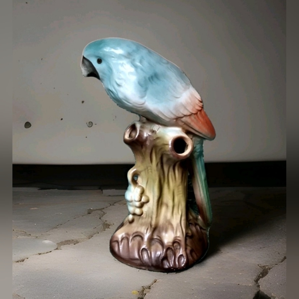 Vintage Blue Parakeet Bird On Stump Bud Vase Czechoslovakia #5